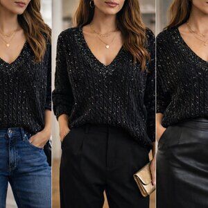 Classiques Entier Black Sequin Sweater Womens V Neck Long Sleeve Glam Party